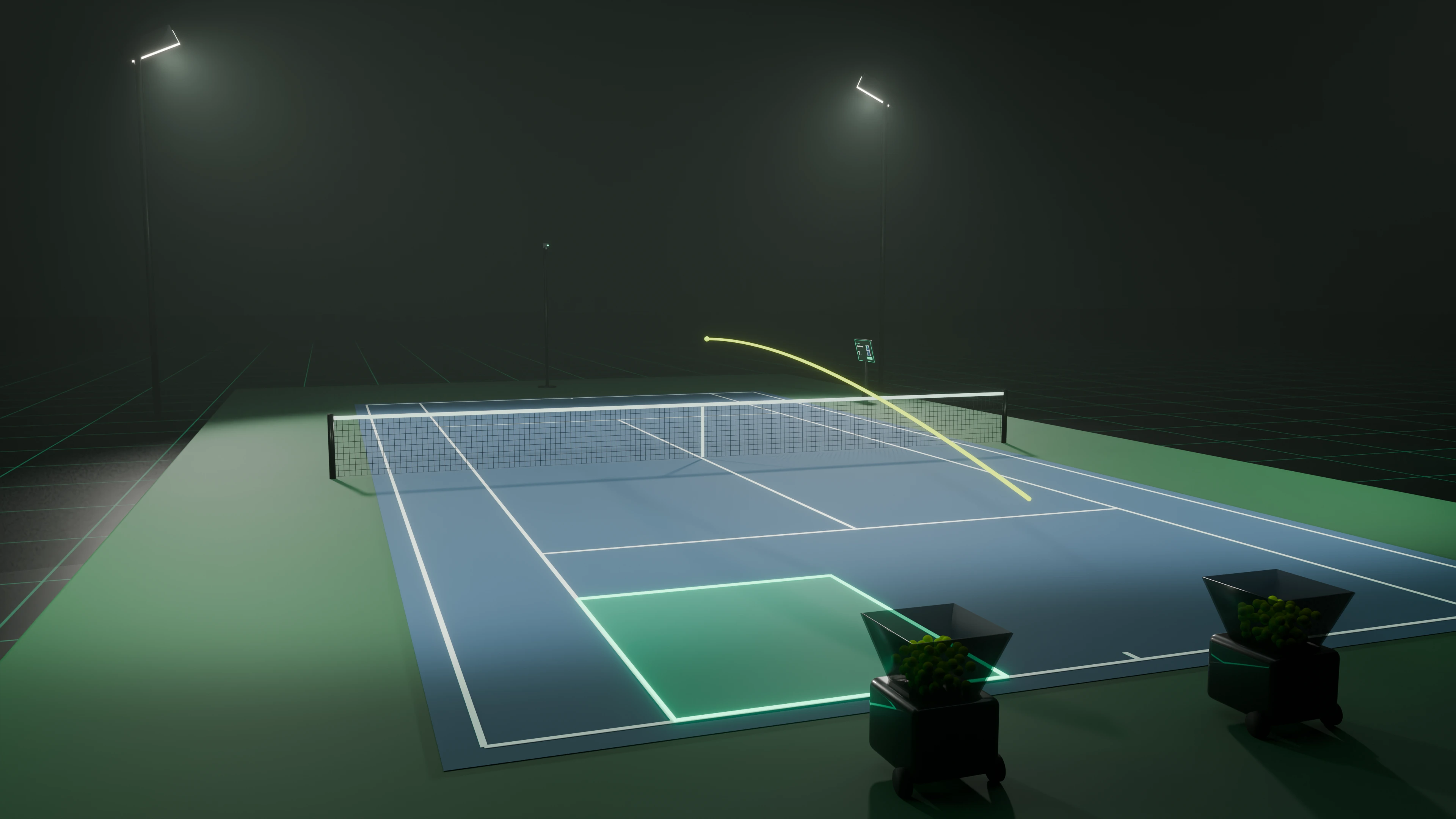 A Court X court: launchers, net, tracking camera and courtside display under floodlights